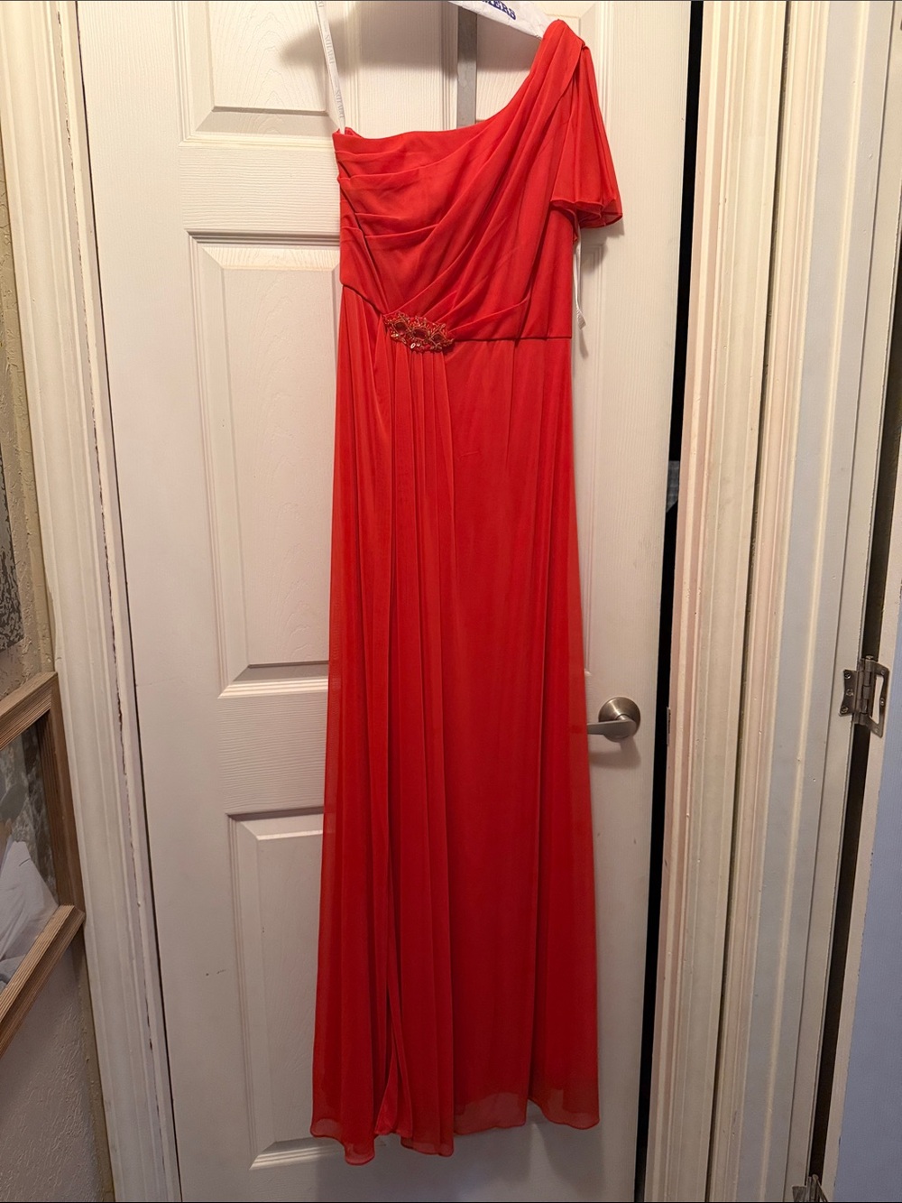 David's Bridal One-Shoulder Coral Red Evening Gown